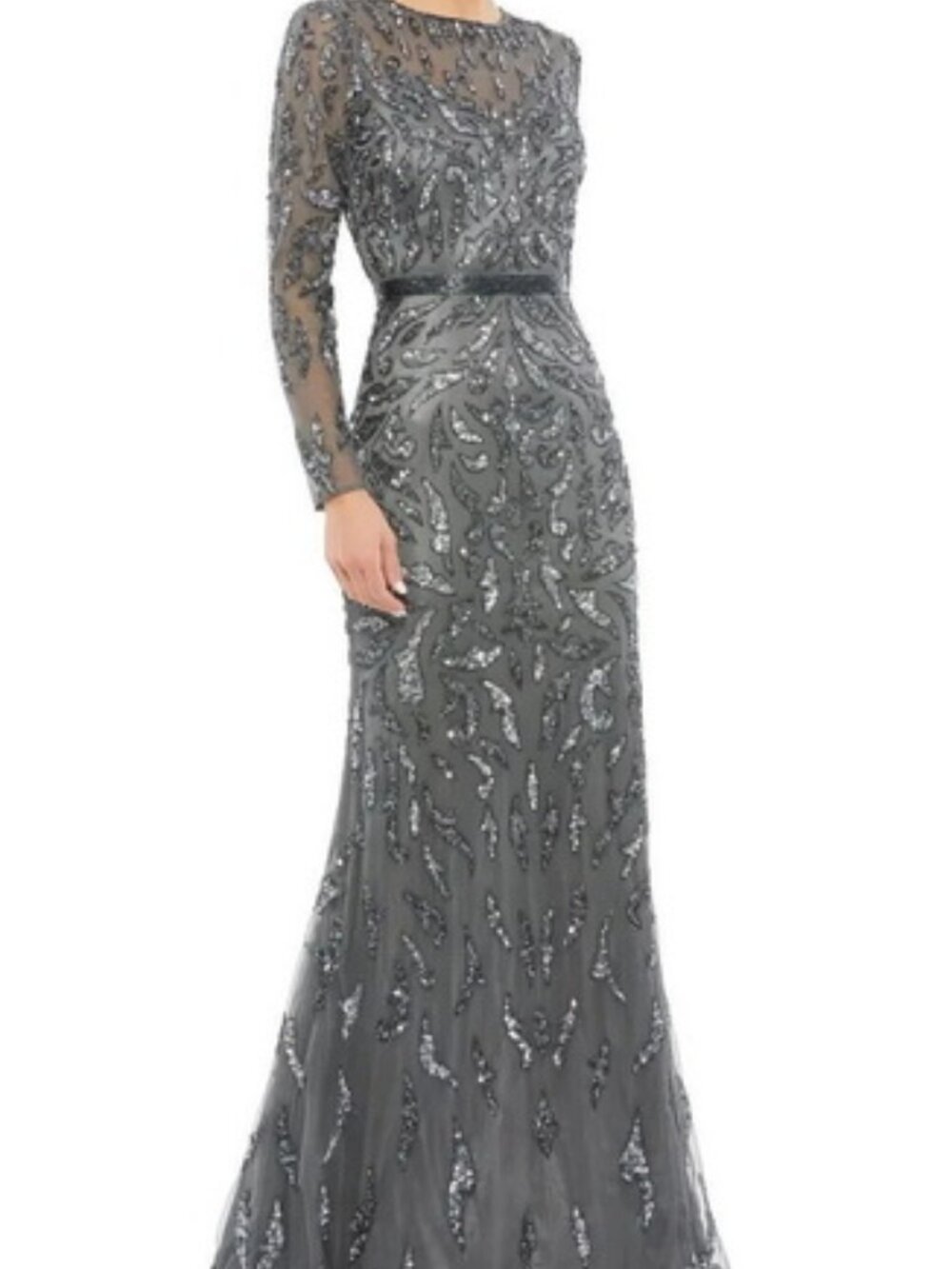 Mac Duggal Charcoal Gray Beaded Long Sleeve Gown Dress